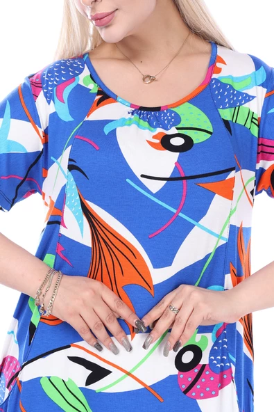 Melsay Butik Göğüs Kuplu Mavi Desenli Cepli Kısa Kol Kadın Midi Elbise - Resim 4