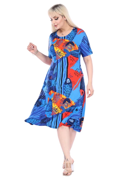 Melsay Butik Sax Balık Desen Kısa Kollu Büyük Beden Midi Elbise - 5