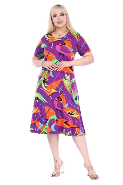 Melsay Butik Mor Balık Desen Kısa Kollu Büyük Beden Midi Elbise - Resim 3