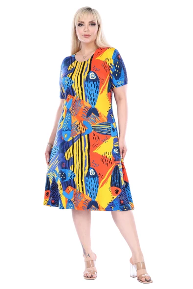 Melsay Butik Sarı Balık Desen Kısa Kollu Büyük Beden Midi Elbise - Resim 2