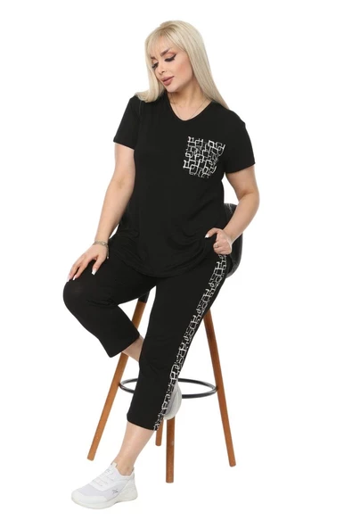 Melsay Butik Siyah Kareli Cep Büyük Beden Kadın Kapri Takımı - 5