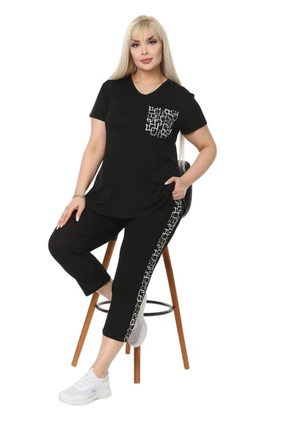 Melsay Butik Siyah Kareli Cep Büyük Beden Kadın Kapri Takımı - 2