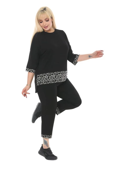 Melsay Butik Siyah Kare Şeritli Büyük Beden Kadın Kapri Takımı - 5