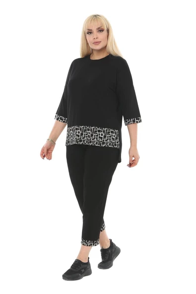 Melsay Butik Siyah Kare Şeritli Büyük Beden Kadın Kapri Takımı - 2