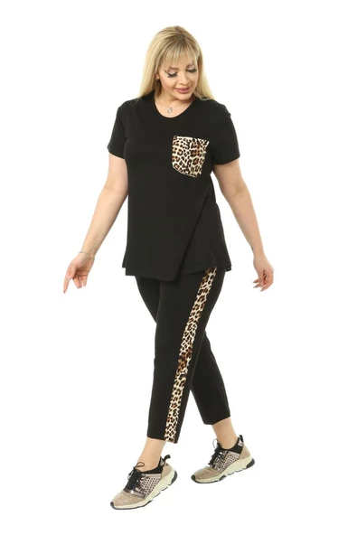 Melsay Butik Siyah Leopar Cep Büyük Beden Kadın Kapri Takımı - 3