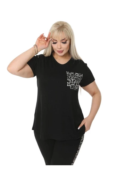 Melsay Butik Siyah Kareli Cep Büyük Beden Kadın Kapri Takımı - 6