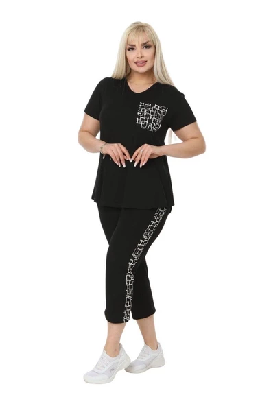 Melsay Butik Siyah Kareli Cep Büyük Beden Kadın Kapri Takımı - 4