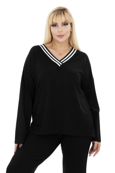 Melsay Butik Siyah V Yaka Yakası Ve Paçası Şerit Detaylı Eşofman Takımı - 4