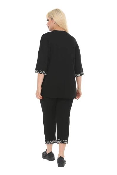 Melsay Butik Siyah Kare Şeritli Büyük Beden Kadın Kapri Takımı - 3