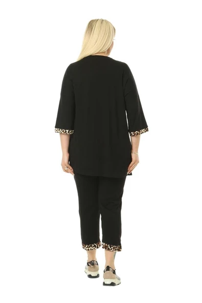 Melsay Butik Siyah Leopar Şeritli Büyük Beden Kadın Kapri Takımı - 5