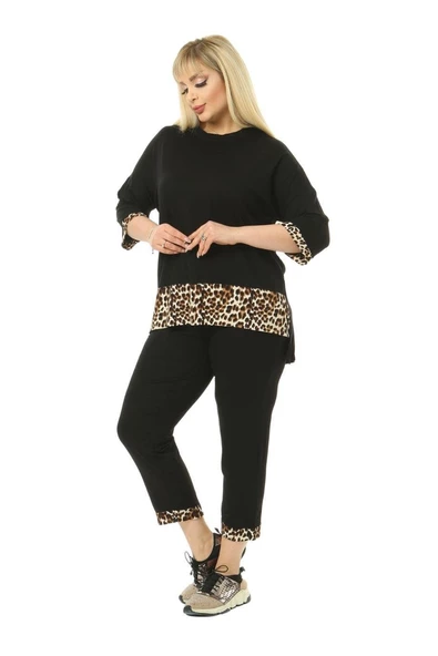 Melsay Butik Siyah Leopar Şeritli Büyük Beden Kadın Kapri Takımı - 3
