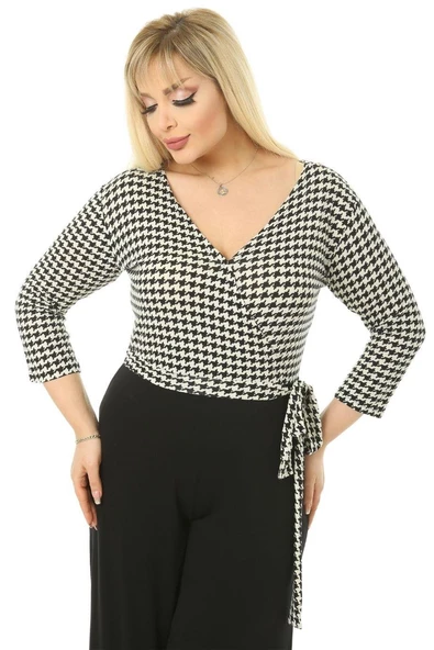 Melsay Butik Kruvaze Yaka Kazayağı Desen Büyük Beden Kadın Tulum - 2