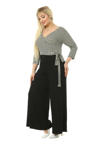 Melsay Butik Kruvaze Yaka Kazayağı Desen Büyük Beden Kadın Tulum - 5