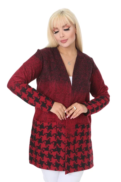 Melsay Butik Kırmızı Kazayağı Desen Kısa Büyük Beden Kadın Hırka - 2