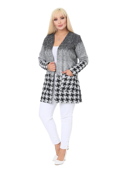 Melsay Butik Açık Gri Kazayağı Desen Kısa Büyük Beden Kadın Hırka - 5