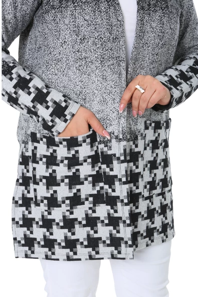 Melsay Butik Açık Gri Kazayağı Desen Kısa Büyük Beden Kadın Hırka - 6