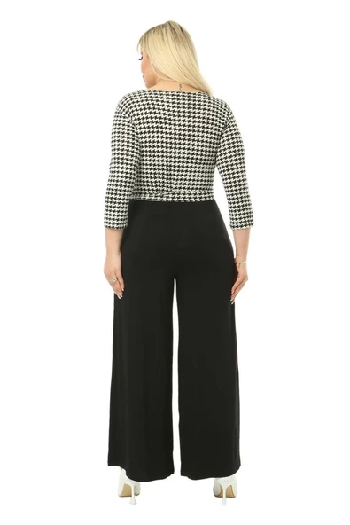 Melsay Butik Kruvaze Yaka Kazayağı Desen Büyük Beden Kadın Tulum - 6