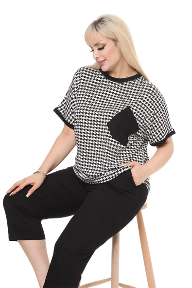 Melsay Butik Siyah Kazayağı Desen Çapraz Cep Detaylı Kapri Takım - 4