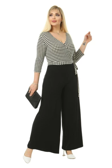 Melsay Butik Kruvaze Yaka Kazayağı Desen Büyük Beden Kadın Tulum - 3