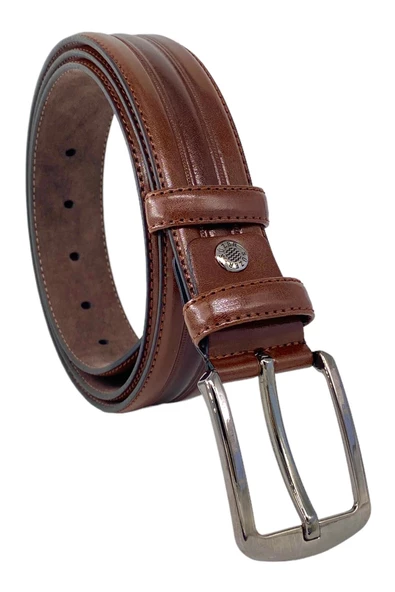 Kahverengi Suni Deri Desenli Model 3.5 cm.lik Klasik Kemer - 8013-52 - Resim 3