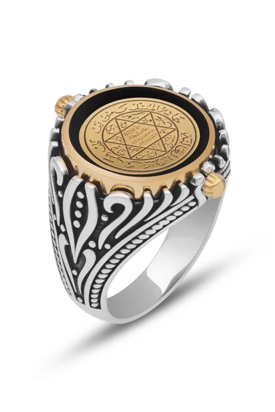 Mührü Süleyman Çift Taraflı 925 Gümüş Erkek Yüzük - Resim 4