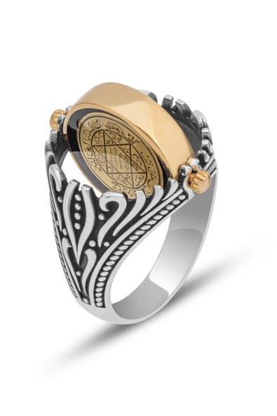 Mührü Süleyman Çift Taraflı 925 Gümüş Erkek Yüzük - Resim 2