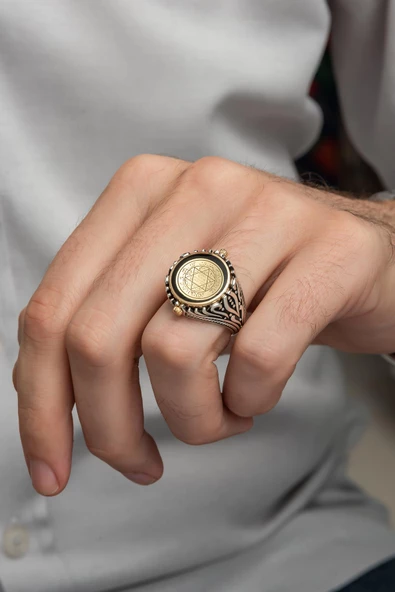 Mührü Süleyman Çift Taraflı 925 Gümüş Erkek Yüzük - Resim 5