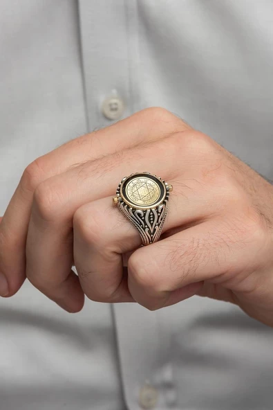 Mührü Süleyman Çift Taraflı 925 Gümüş Erkek Yüzük - Resim 8