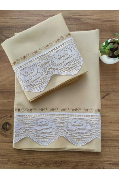 Dantelli Pikolu Çeyizlik Cappuccino 2'li Yastık Kılıfı 50&70