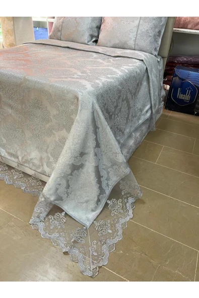 Mahidevran 3 Parça Fransız Dantelli Çift Kişilik Pike Takımı Yatak Örtüsü Gri - 4