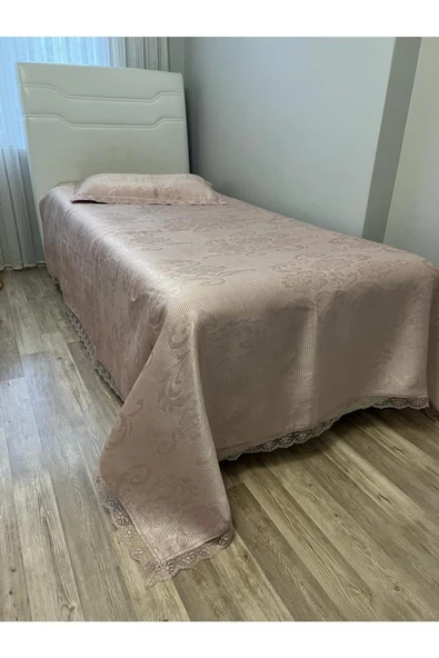 Annoow Tek Kişilik Brokar Yatak Örtüsü Pike Takımı Pudra