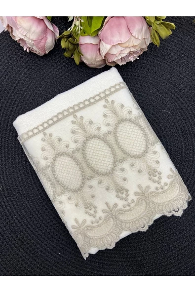 Yakut Fransız Dantelli Kadife El Ve Yüz Havlusu 2'li Set 50/90cm - 3