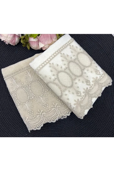 Yakut Fransız Dantelli Kadife El Ve Yüz Havlusu 2'li Set 50/90cm - 2