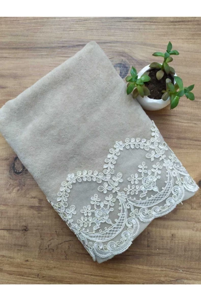Aslım Fransız Güpürlü Cappuccino Kadife Havlu 50&90