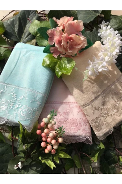 Büşra Fransız Güpürlü 3'lü Kadife Havlu Takımı 50&90 ürün görseli 1