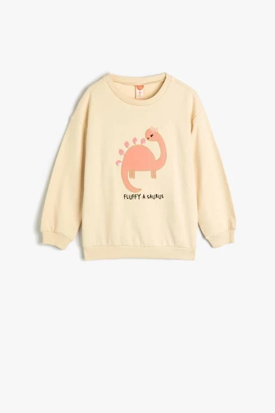 Koton Kız Bebek Dinozorlu Sweatshirt Bisiklet Yaka Uzun Kollu Şardonlu Pamuklu