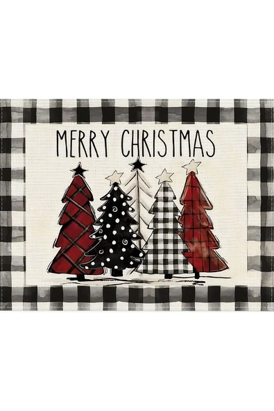 Merry Christmas Ekoseli Çamlar Desenli Amerikan Servisi Dikdörtgen 35 x 50 cm