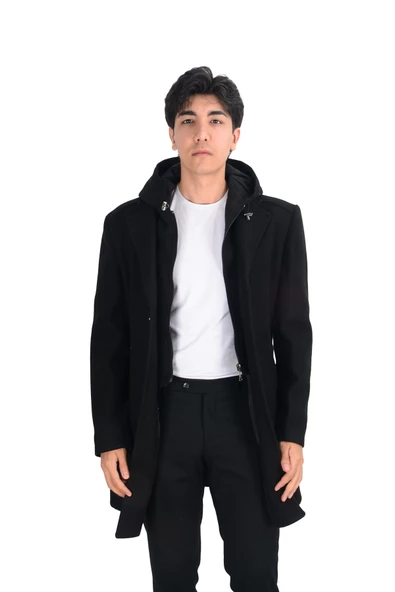 Cengiz İnler Erkek Kapüşonlu Uzun Kaşe Kaban - 3