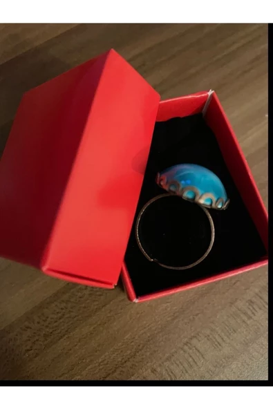 Turkuaz Taşlı Gümüş Renk Oval Büyük Doğal Taş Yüzük El Yapımı - 4