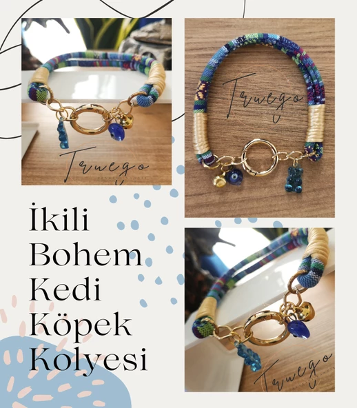 İkili Kedi Köpek Boyun Tasması Bohem Kedi Kolyesi Yaylı Kilit - Açık Mavi - 2