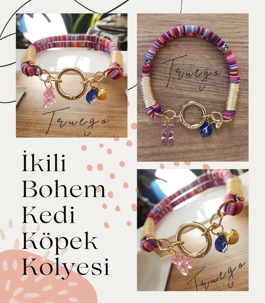 İkili Kedi Köpek Boyun Tasması Bohem Kedi Kolyesi Yaylı Kilit - Pembe - 2