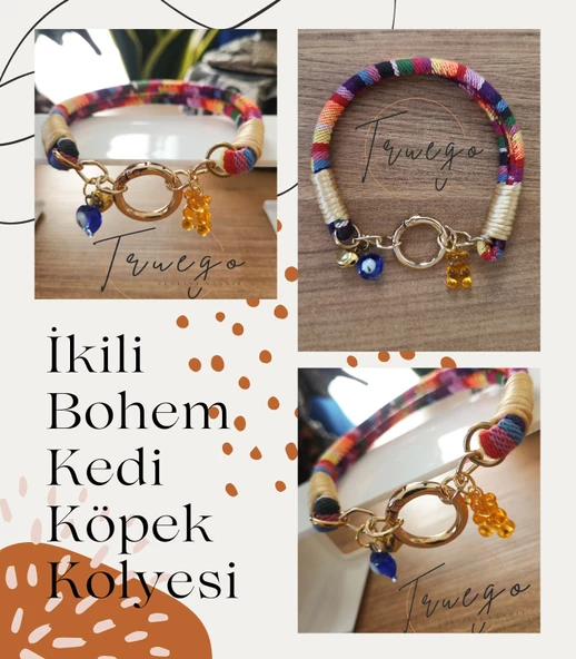 İkili Kedi Köpek Boyun Tasması Bohem Kedi Kolyesi Yaylı Kilit - Renkli - 2