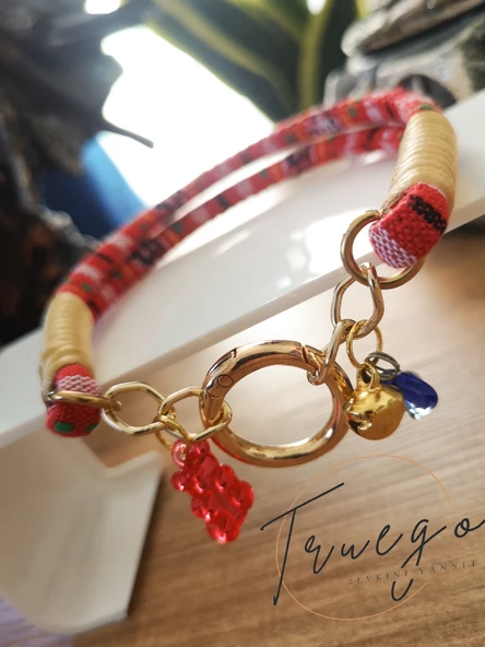 İkili Kedi Köpek Boyun Tasması Bohem Kedi Kolyesi Yaylı Kilit - Kırmızı - 3