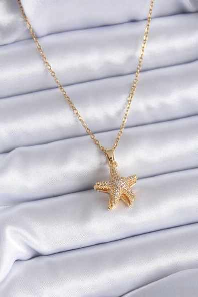 MuI MuI 316L Çelik Gold Renk Zirkon Taşlı Açılır Deniz Yıldız Model İnci Detay Kadın Kolye