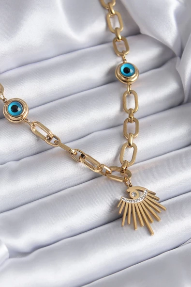 MuI MuI 316L Çelik Gold Renk Göz Model Zirkon Taş Nazar Boncuk Detay Kadın Kolye