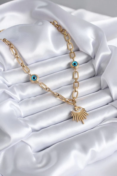 MuI MuI 316L Çelik Gold Renk Göz Model Zirkon Taş Nazar Boncuk Detay Kadın Kolye - 2