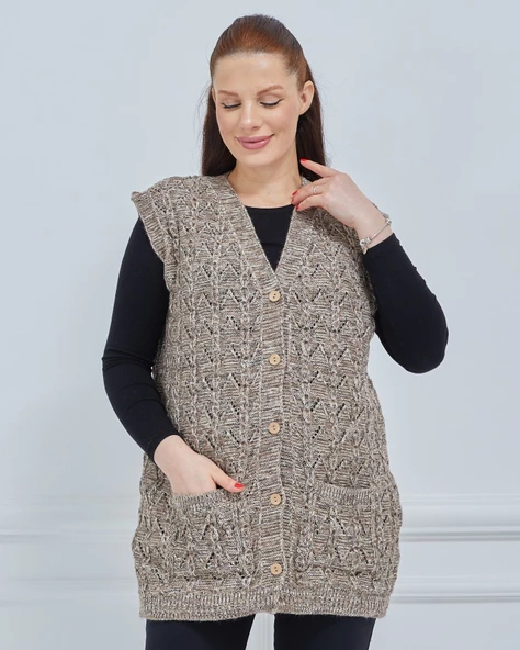 Kadın Kırçıllı Kazayağı Model Kalın Kışlık Örgü Cepli Triko Anne Yelek - 3