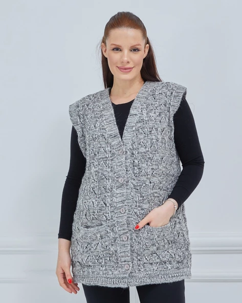 Kadın Kırçıllı Kazayağı Model Kalın Kışlık Örgü Cepli Triko Anne Yelek - 9