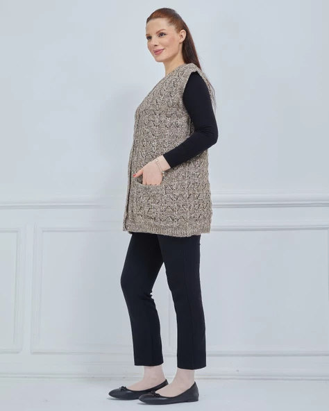 Kadın Kırçıllı Kazayağı Model Kalın Kışlık Örgü Cepli Triko Anne Yelek - 5