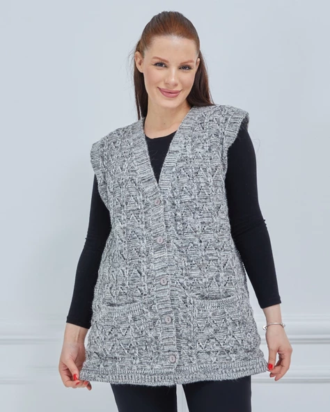 Kadın Kırçıllı Kazayağı Model Kalın Kışlık Örgü Cepli Triko Anne Yelek - 8